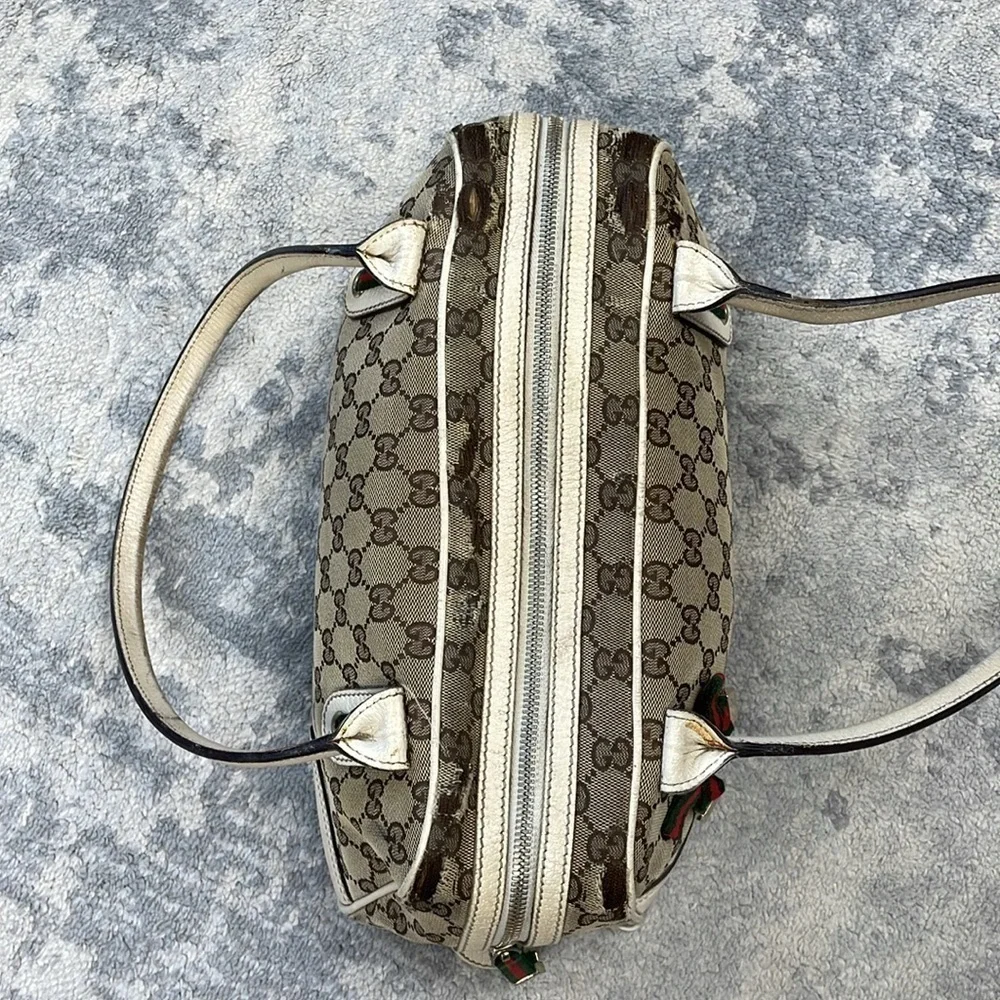 Vintage Gucci Princy GG Monogram Logo Sherry Line Web Shoulder Bag Tan Ivory